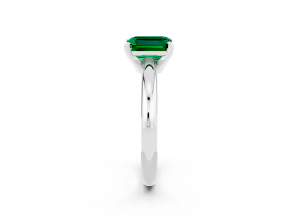 Silver Emerald Cut Emerald Solitaire Engagement Ring with Round Band and Four-Prong Setting
