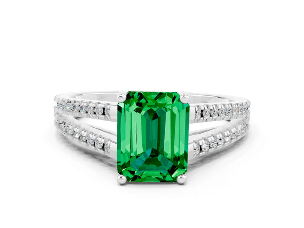 Platinum Emerald Cut Emerald Solitaire Engagement Ring with Split Shank Pavé Band