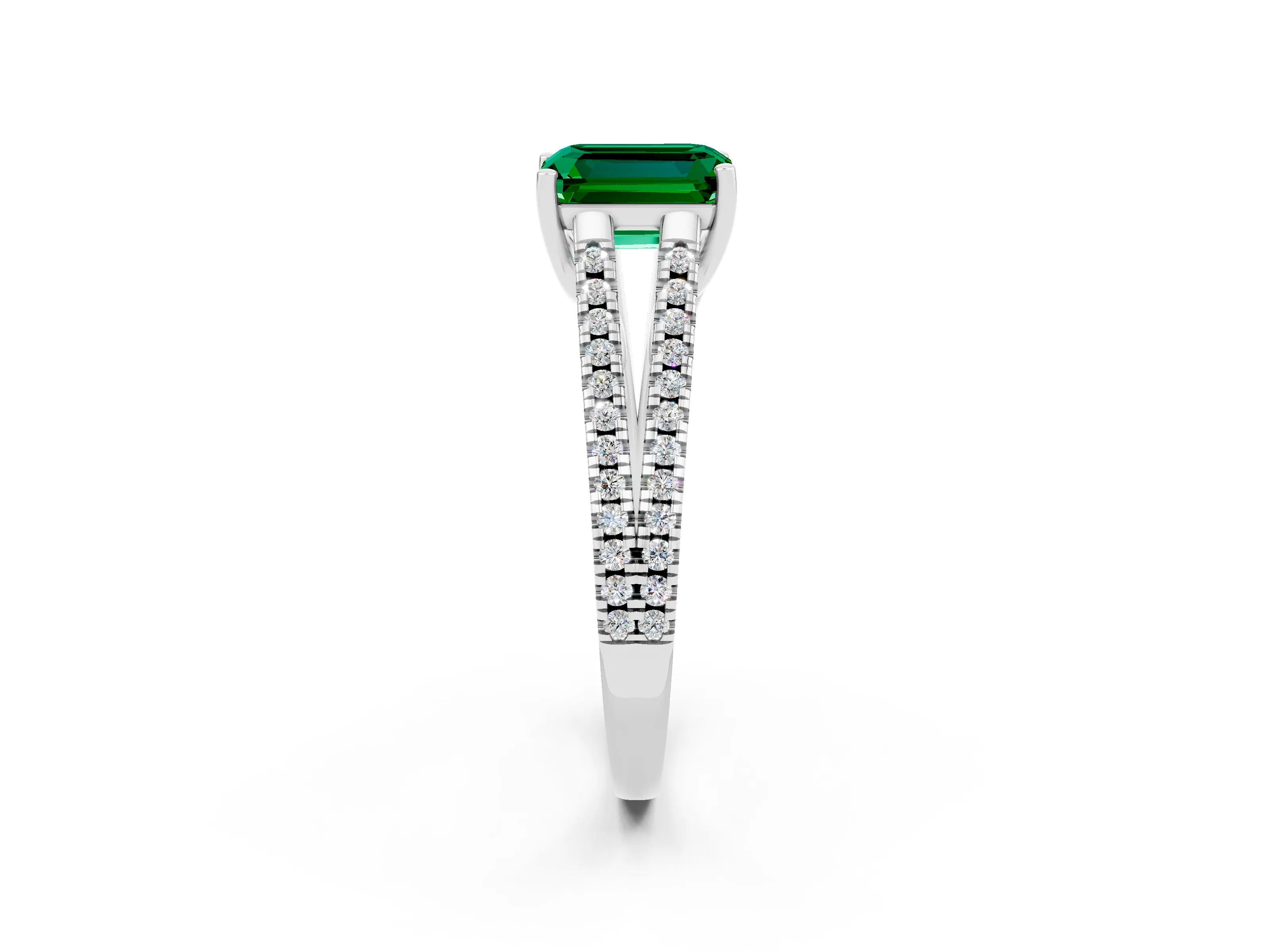 White gold Emerald Cut Emerald Solitaire Engagement Ring with Split Shank Pavé Band_2