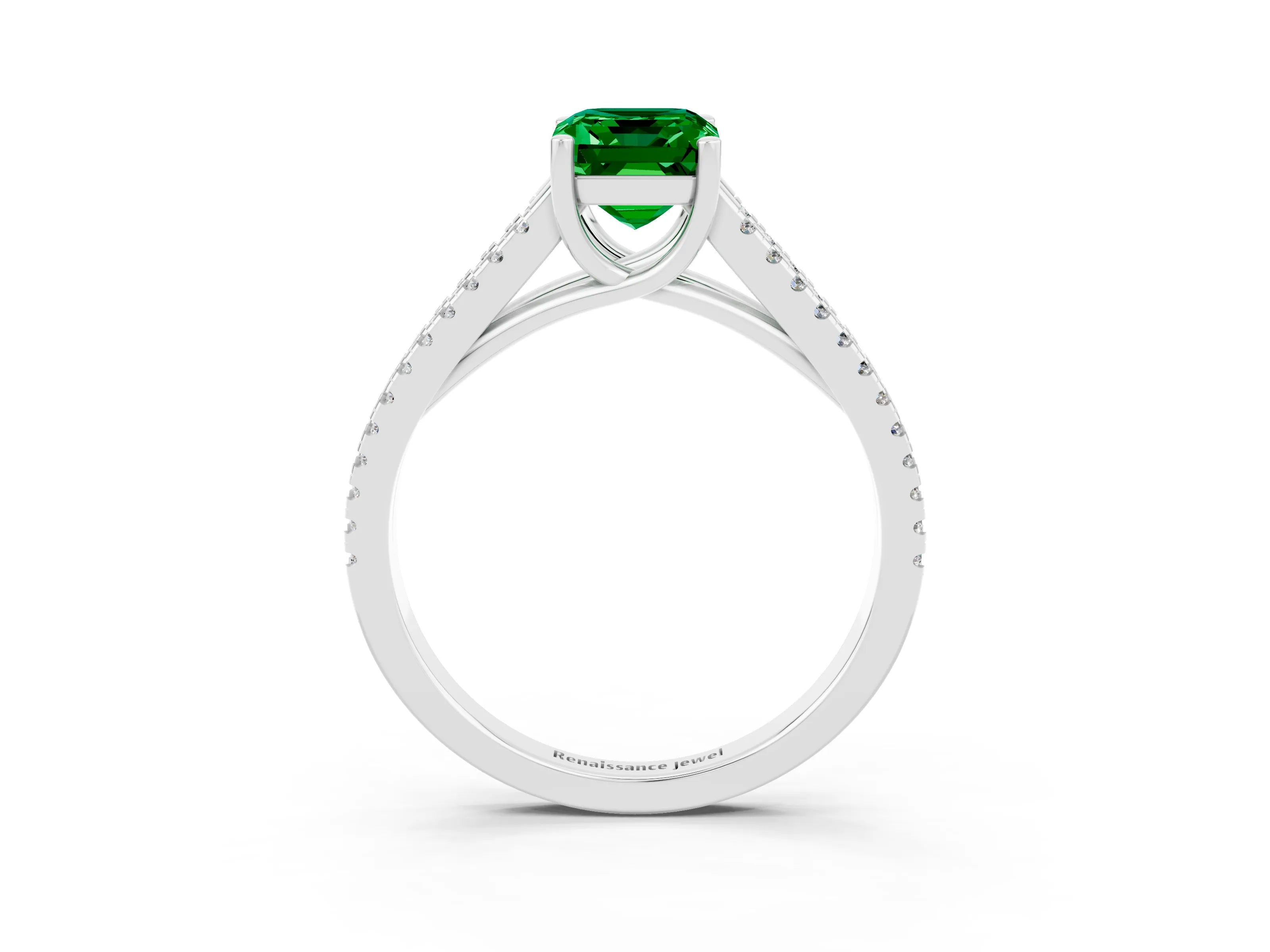 White gold Emerald Cut Emerald Solitaire Engagement Ring with Split Shank Pavé Band_3