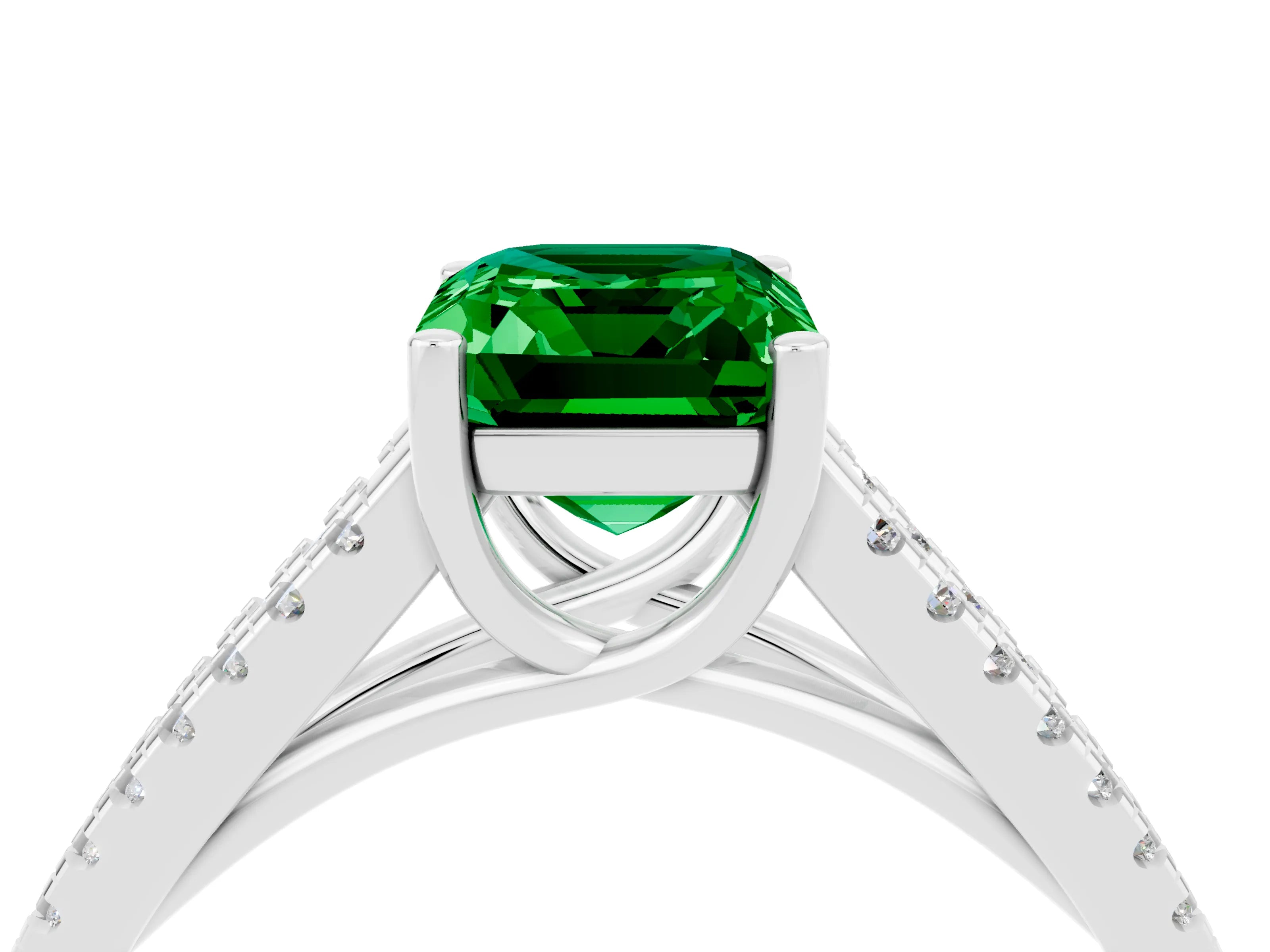 White gold Emerald Cut Emerald Solitaire Engagement Ring with Split Shank Pavé Band_4