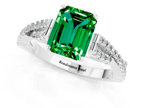 White gold Emerald Cut Emerald Solitaire Engagement Ring with Twisted Pavé Band and Four-Prong Setting_1