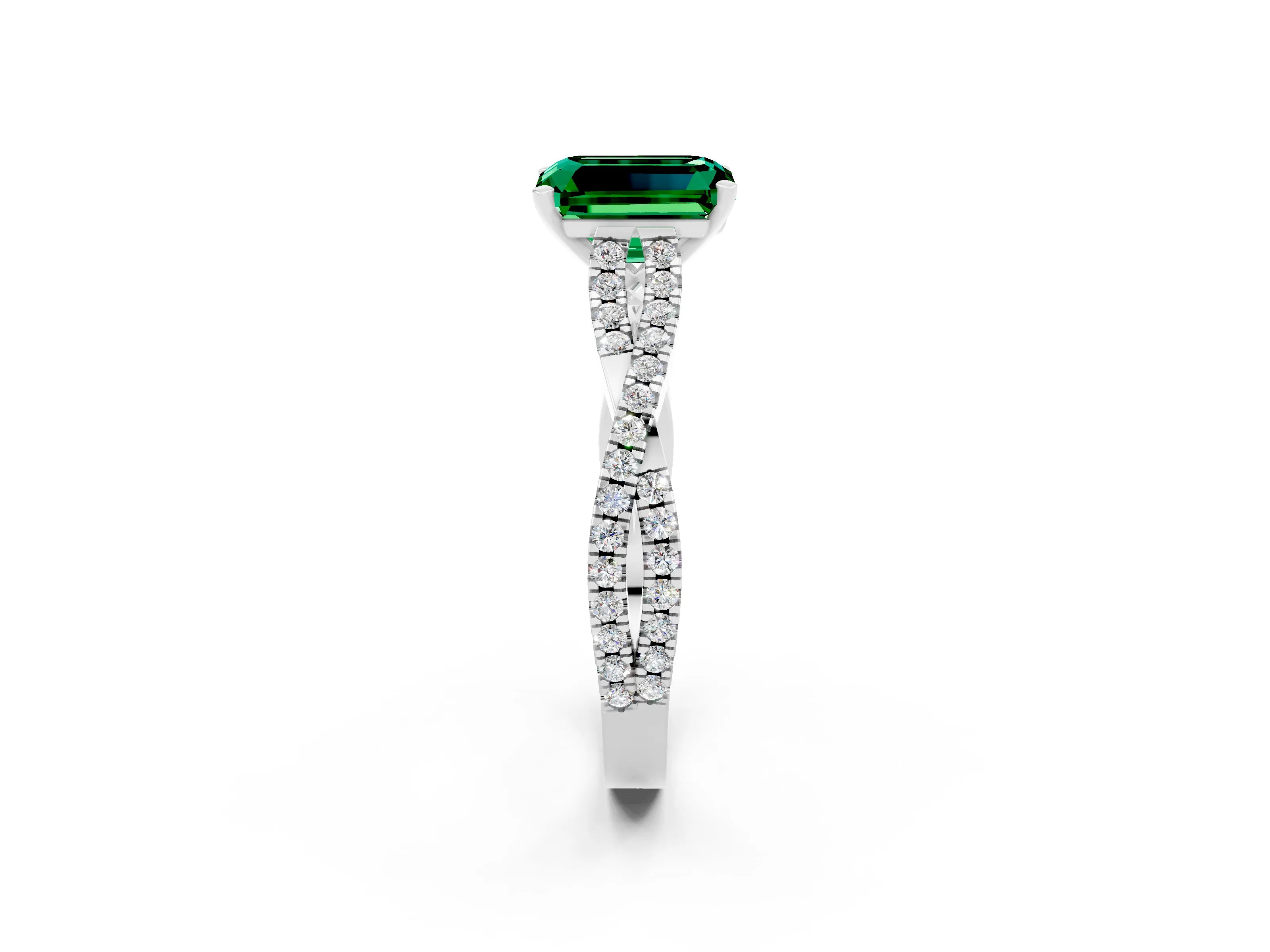White gold Emerald Cut Emerald Solitaire Engagement Ring with Twisted Pavé Band and Four-Prong Setting_2