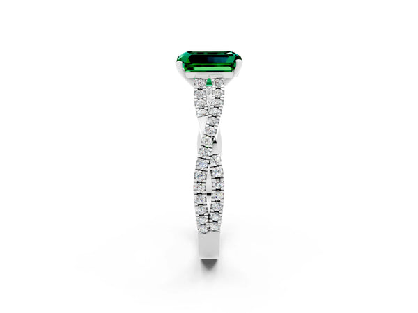 Silver Emerald Cut Emerald Solitaire Engagement Ring with Twisted Pavé Band and Four-Prong Setting
