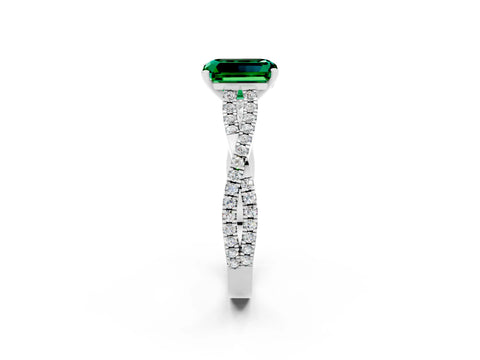White gold Emerald Cut Emerald Solitaire Engagement Ring with Twisted Pavé Band and Four-Prong Setting_2