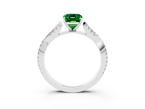 White gold Emerald Cut Emerald Solitaire Engagement Ring with Twisted Pavé Band and Four-Prong Setting_3