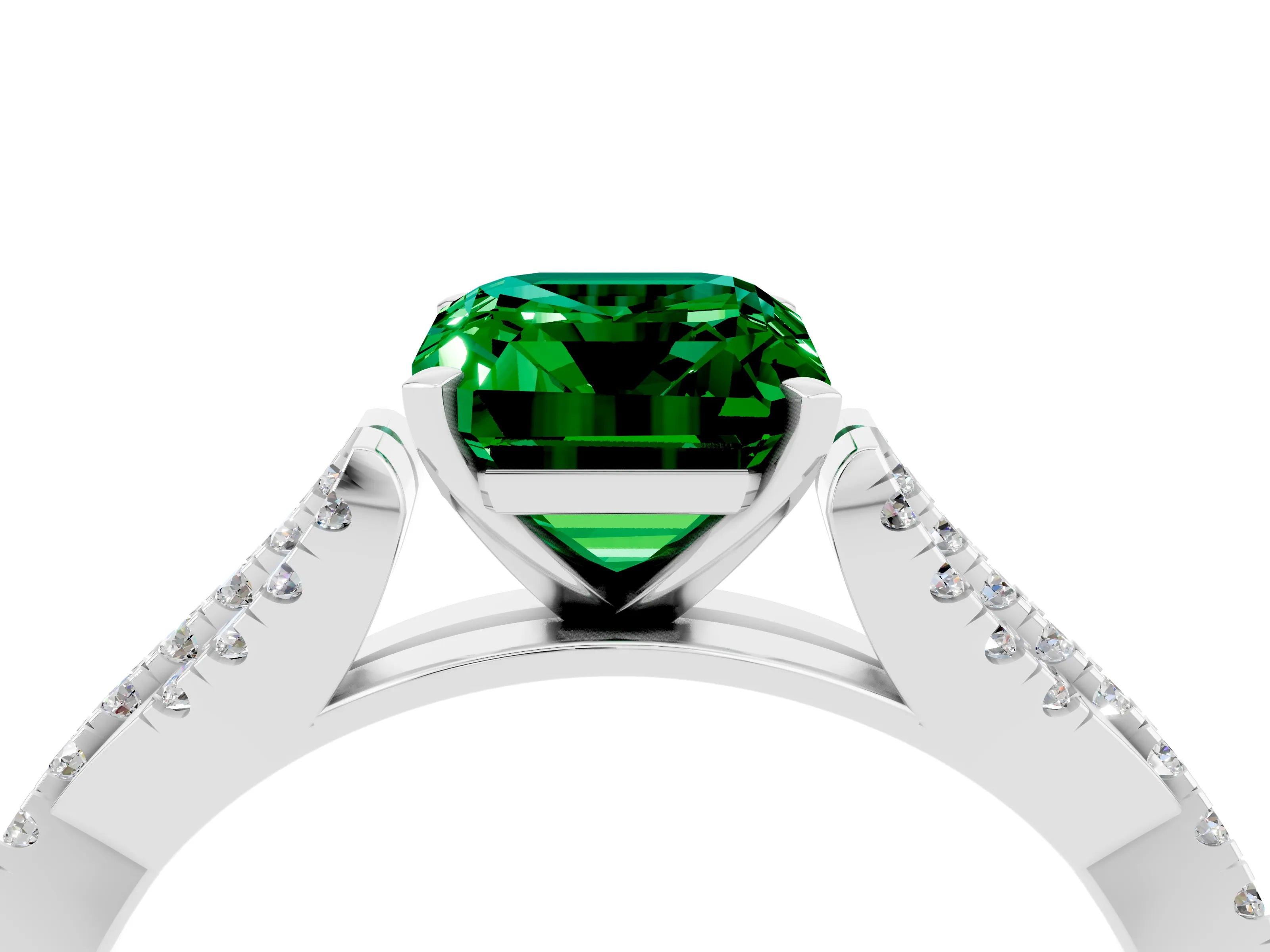 White gold Emerald Cut Emerald Solitaire Engagement Ring with Twisted Pavé Band and Four-Prong Setting_4