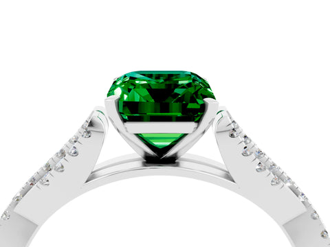White gold Emerald Cut Emerald Solitaire Engagement Ring with Twisted Pavé Band and Four-Prong Setting_4