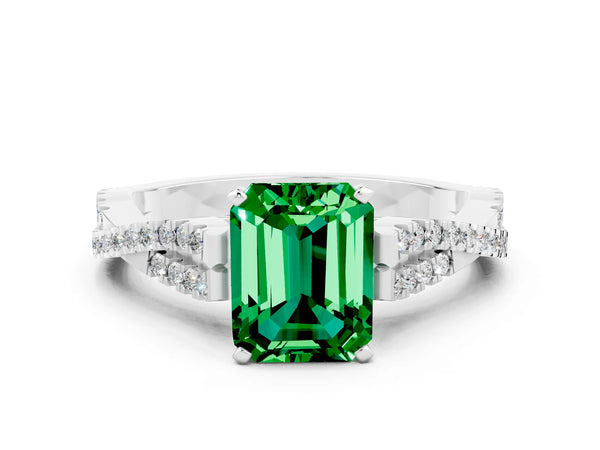 White gold Emerald Cut Emerald Solitaire Engagement Ring with Twisted Pavé Band and Four-Prong Setting