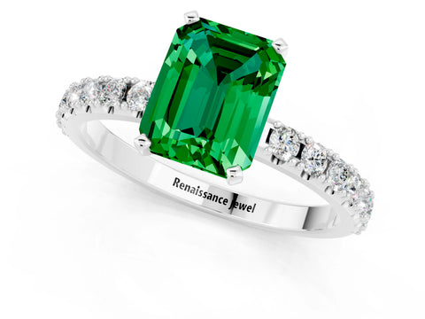 White gold Emerald Cut Emerald Solitaire Pavé Band with Four-Prong Setting_1