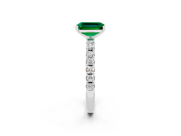 White gold Emerald Cut Emerald Solitaire Pavé Band with Four-Prong Setting