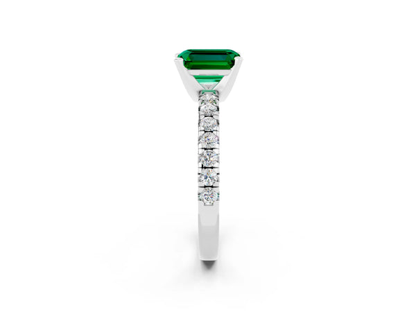 Platinum Emerald Cut Emerald Solitaire Pavé Engagement Ring with Round Band and Prong Setting