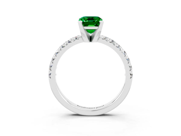 Platinum Emerald Cut Emerald Solitaire Pavé Engagement Ring with Round Band and Prong Setting