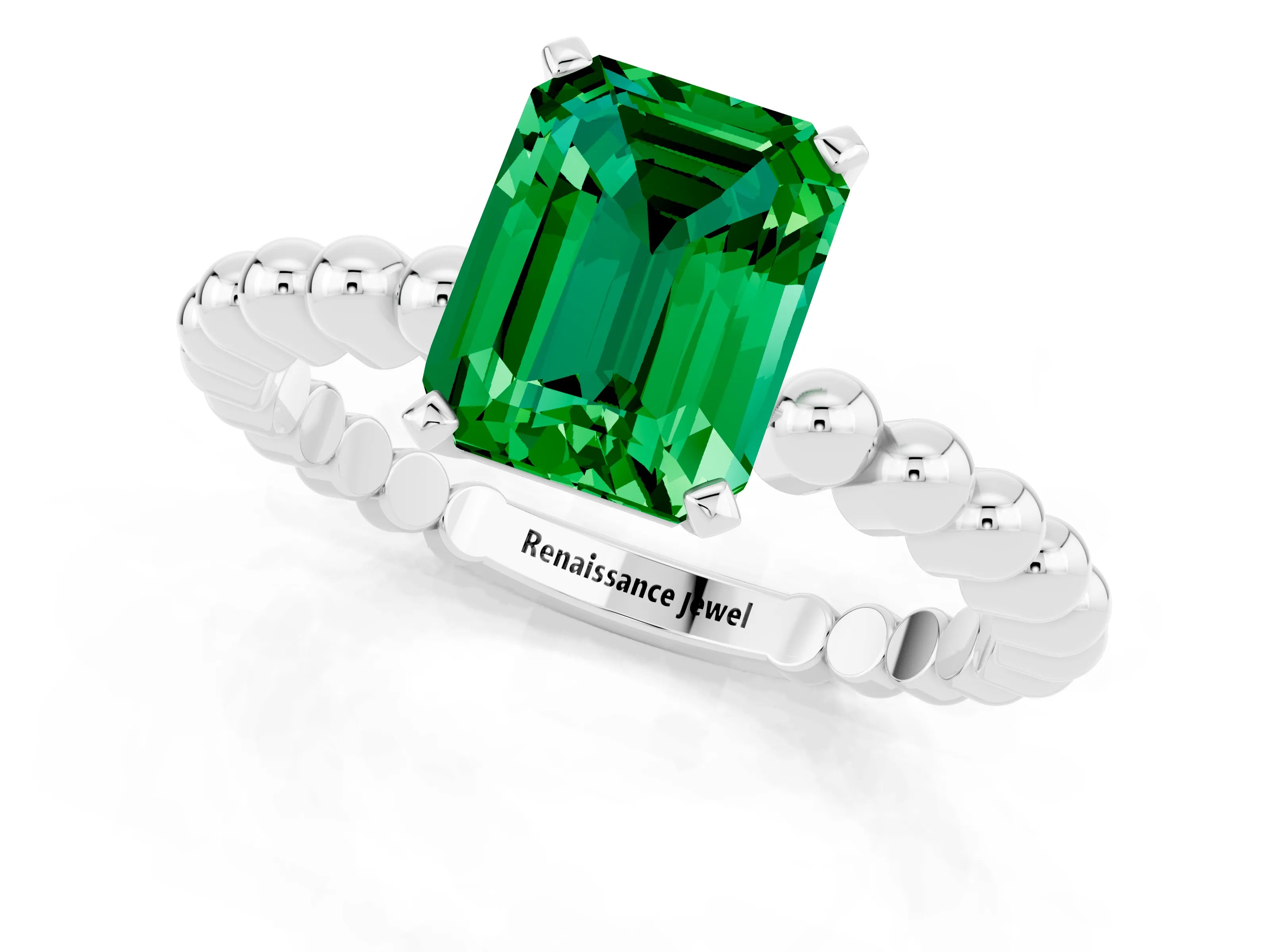White gold Emerald Cut Emerald Solitaire Ring with Beaded Band and Prong Setting_13