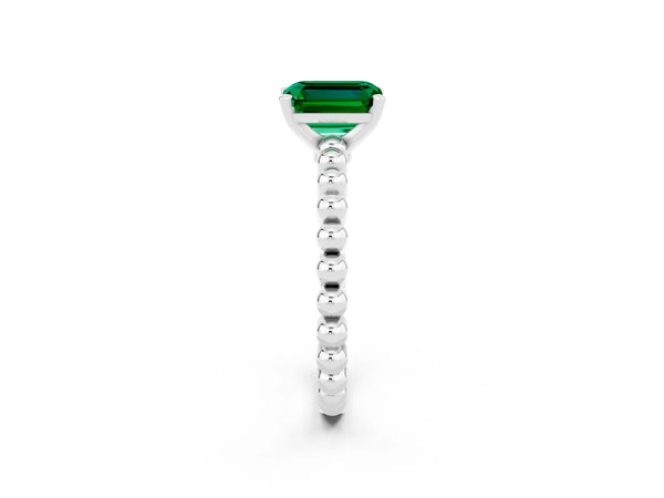 White gold Emerald Cut Emerald Solitaire Ring with Beaded Band and Prong Setting