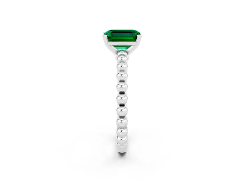 White gold Emerald Cut Emerald Solitaire Ring with Beaded Band and Prong Setting_14