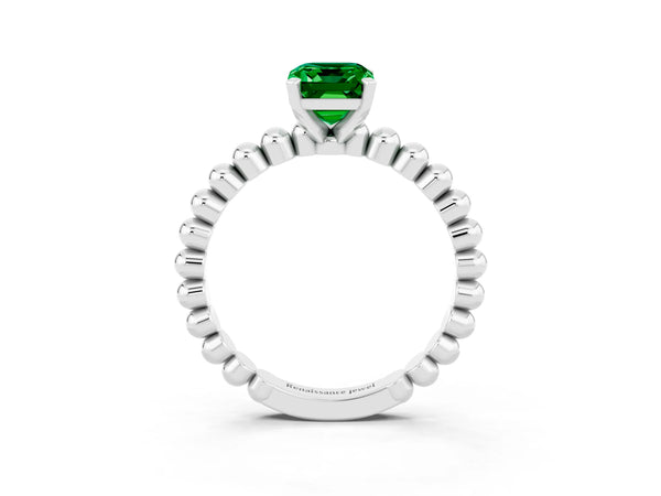 White gold Emerald Cut Emerald Solitaire Ring with Beaded Band and Prong Setting