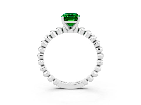 White gold Emerald Cut Emerald Solitaire Ring with Beaded Band and Prong Setting_15