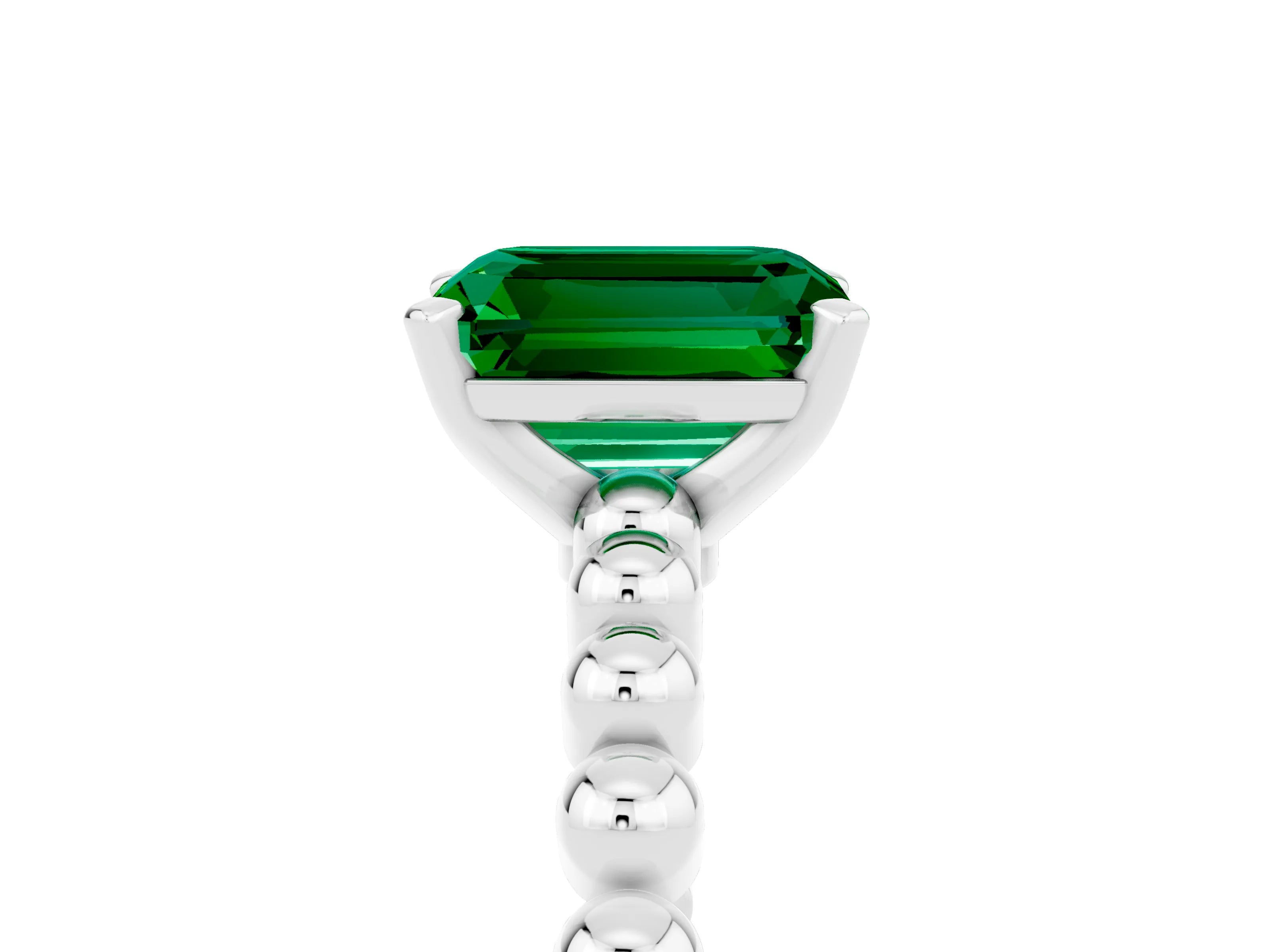 White gold Emerald Cut Emerald Solitaire Ring with Beaded Band and Prong Setting_17