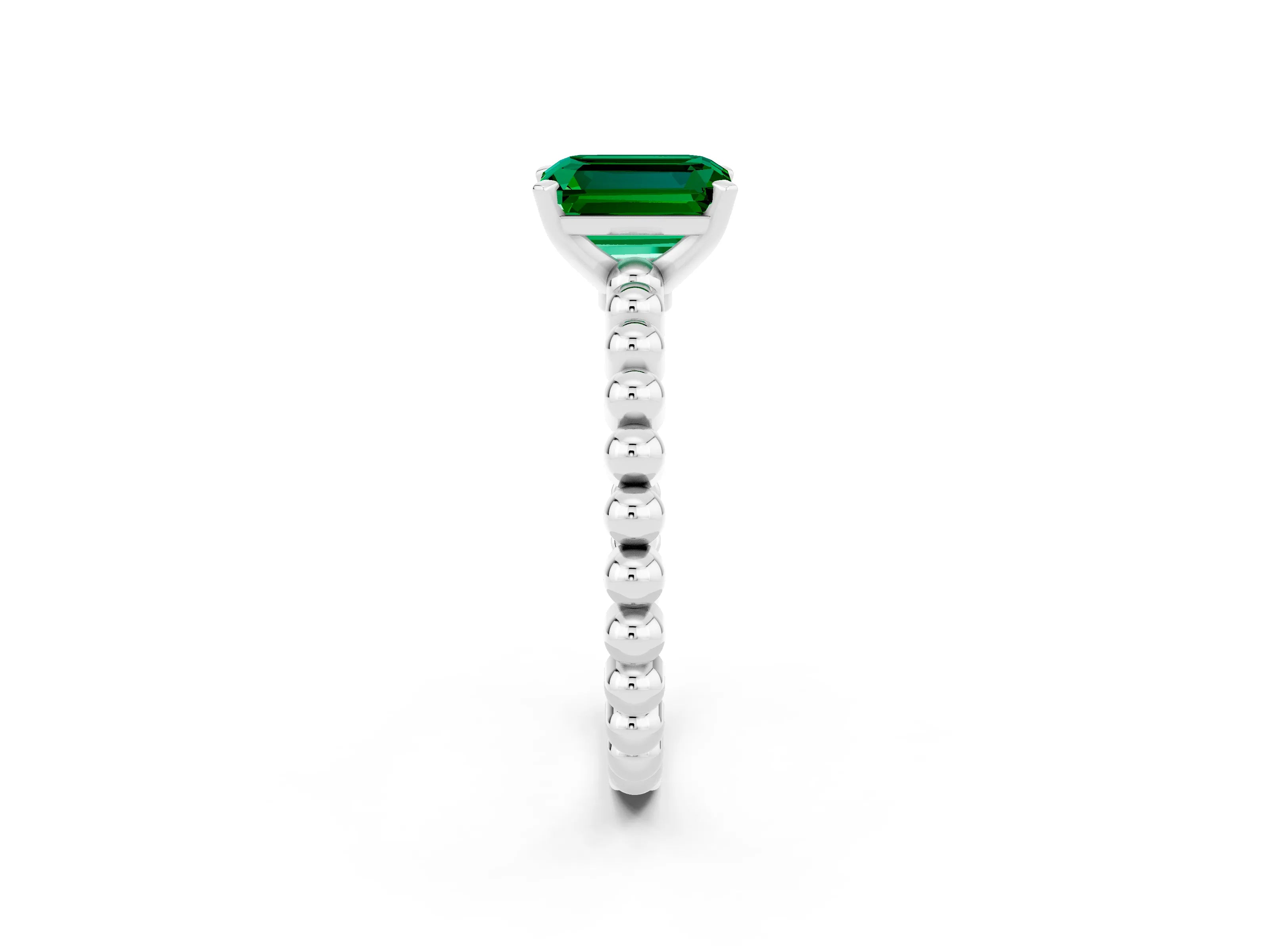 White gold Emerald Cut Emerald Solitaire Ring with Beaded Band and Prong Setting_2