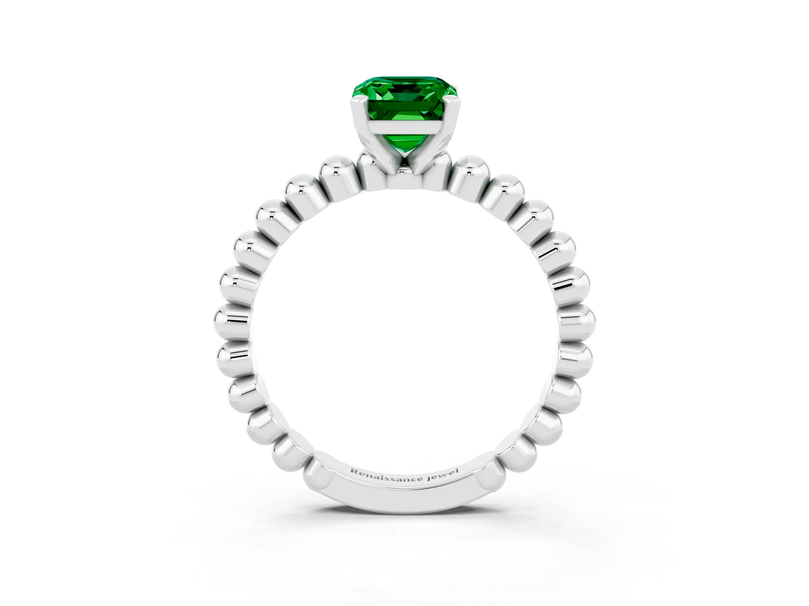 White gold Emerald Cut Emerald Solitaire Ring with Beaded Band and Prong Setting_3