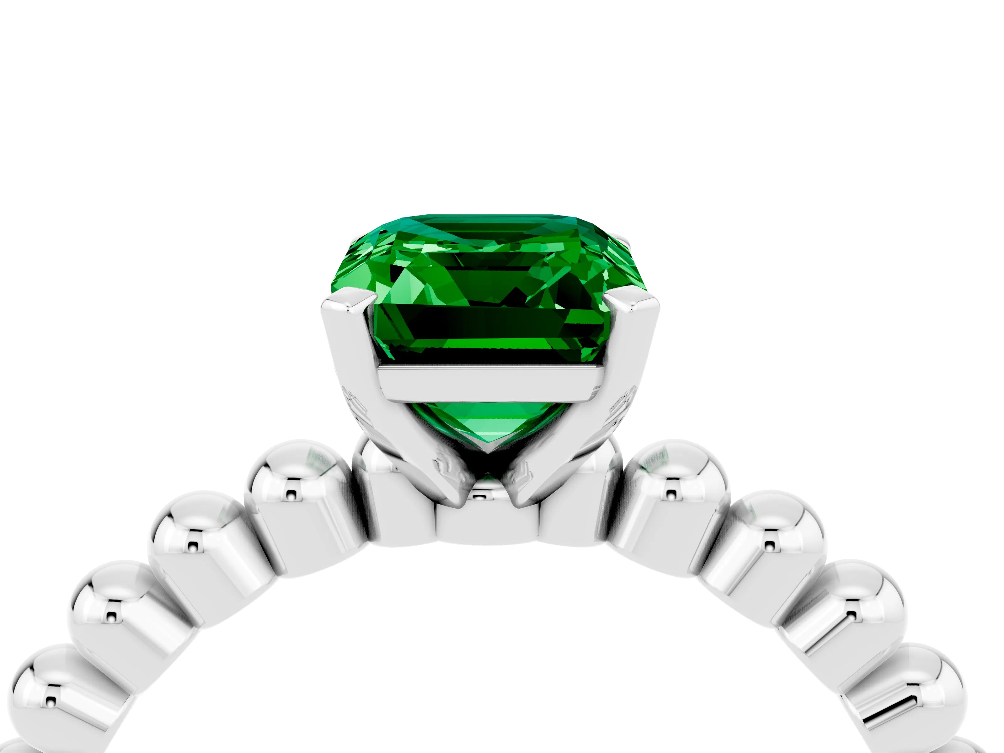 White gold Emerald Cut Emerald Solitaire Ring with Beaded Band and Prong Setting_4