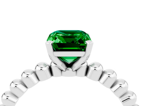 White gold Emerald Cut Emerald Solitaire Ring with Beaded Band and Prong Setting_4