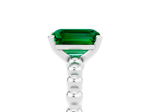 White gold Emerald Cut Emerald Solitaire Ring with Beaded Band and Prong Setting_5
