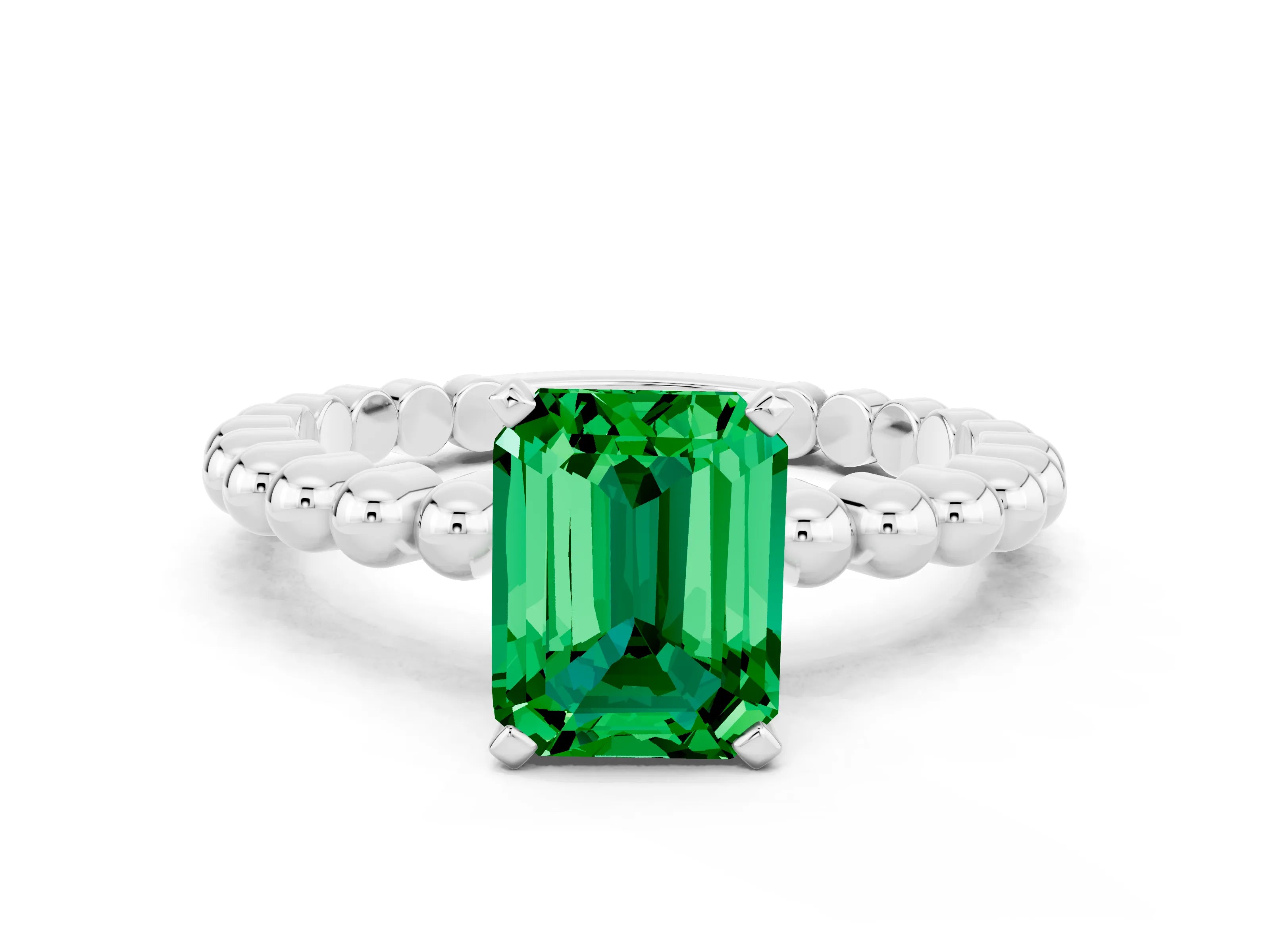 White gold Emerald Cut Emerald Solitaire Ring with Beaded Band and Prong Setting