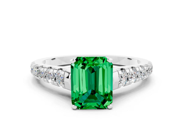 Silver Emerald Cut Emerald Cathedral Solitaire Ring with Round  Pavé Band