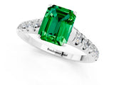 White gold Emerald Cut Emerald Solitaire Ring with Cathedral Setting and Pavé Band_1