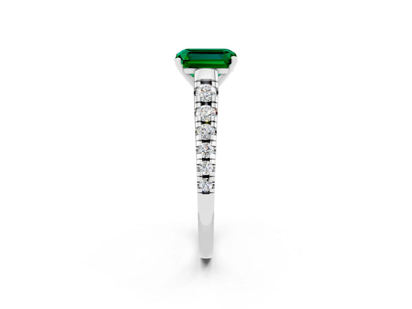 Platinum Emerald Cut Emerald Cathedral Solitaire Ring with Round  Pavé Band