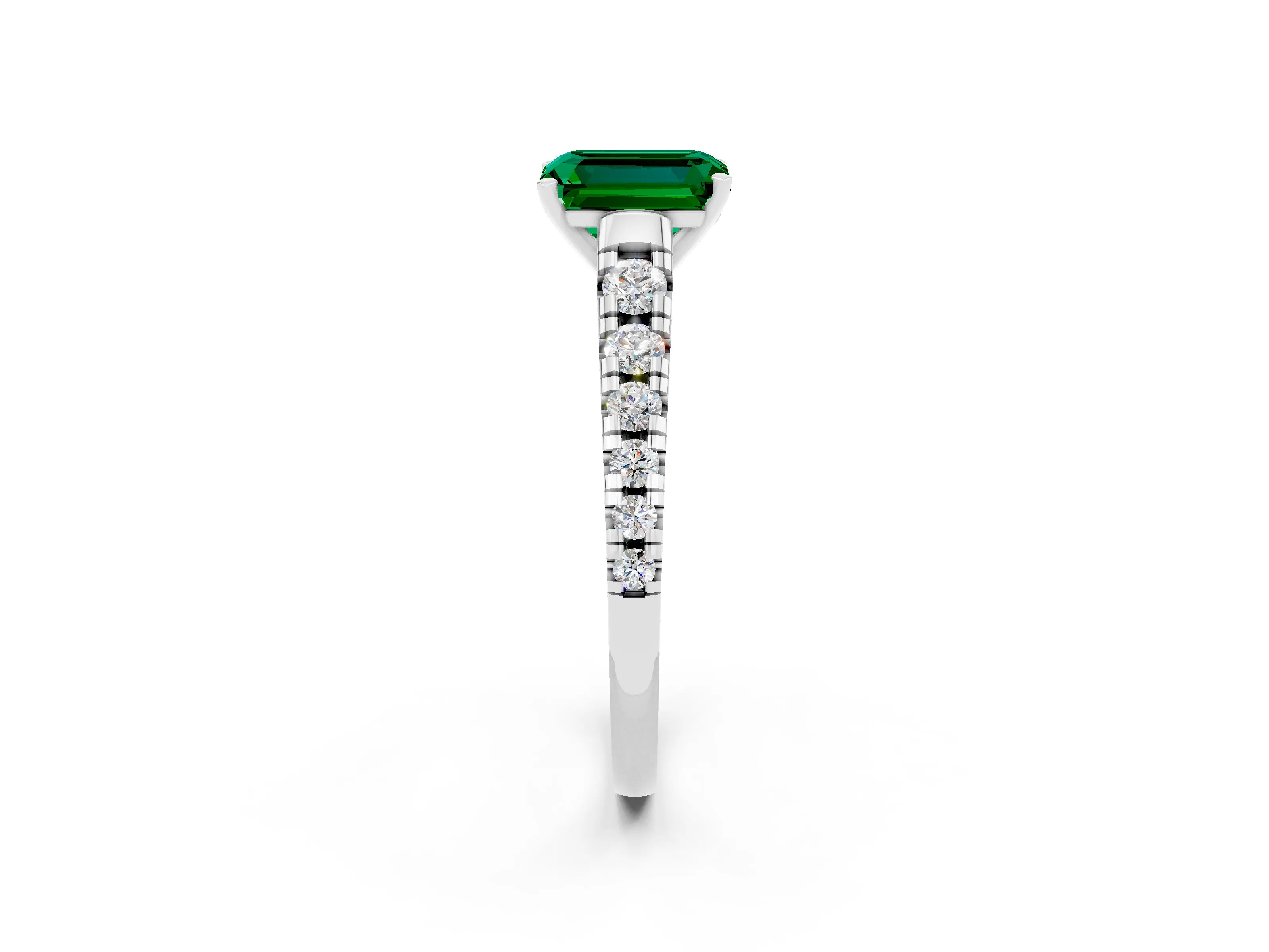 White gold Emerald Cut Emerald Solitaire Ring with Cathedral Setting and Pavé Band_2