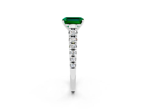 White gold Emerald Cut Emerald Solitaire Ring with Cathedral Setting and Pavé Band_2