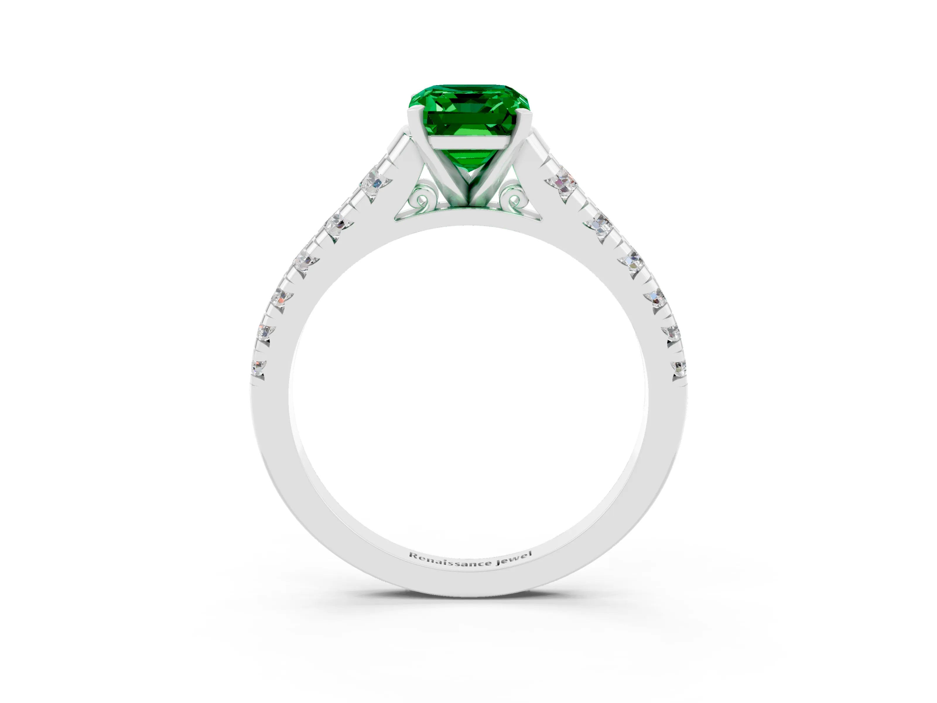 White gold Emerald Cut Emerald Solitaire Ring with Cathedral Setting and Pavé Band_3