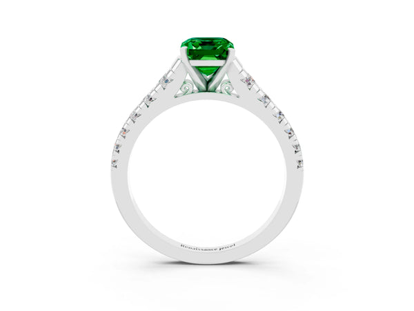Silver Emerald Cut Emerald Cathedral Solitaire Ring with Round  Pavé Band