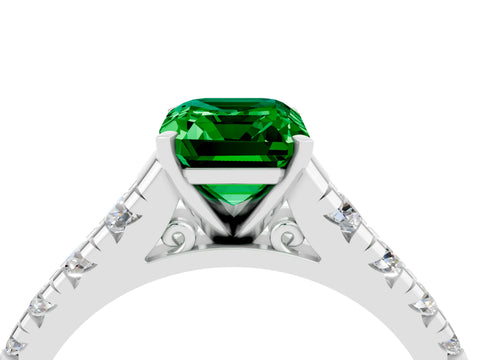 White gold Emerald Cut Emerald Solitaire Ring with Cathedral Setting and Pavé Band_4