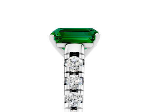 White gold Emerald Cut Emerald Solitaire Ring with Cathedral Setting and Pavé Band_5