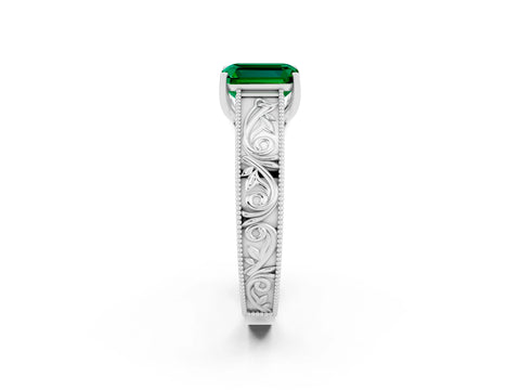 White gold Emerald Cut Emerald Solitaire Ring with Engraved Band and Four-Prong Setting_2
