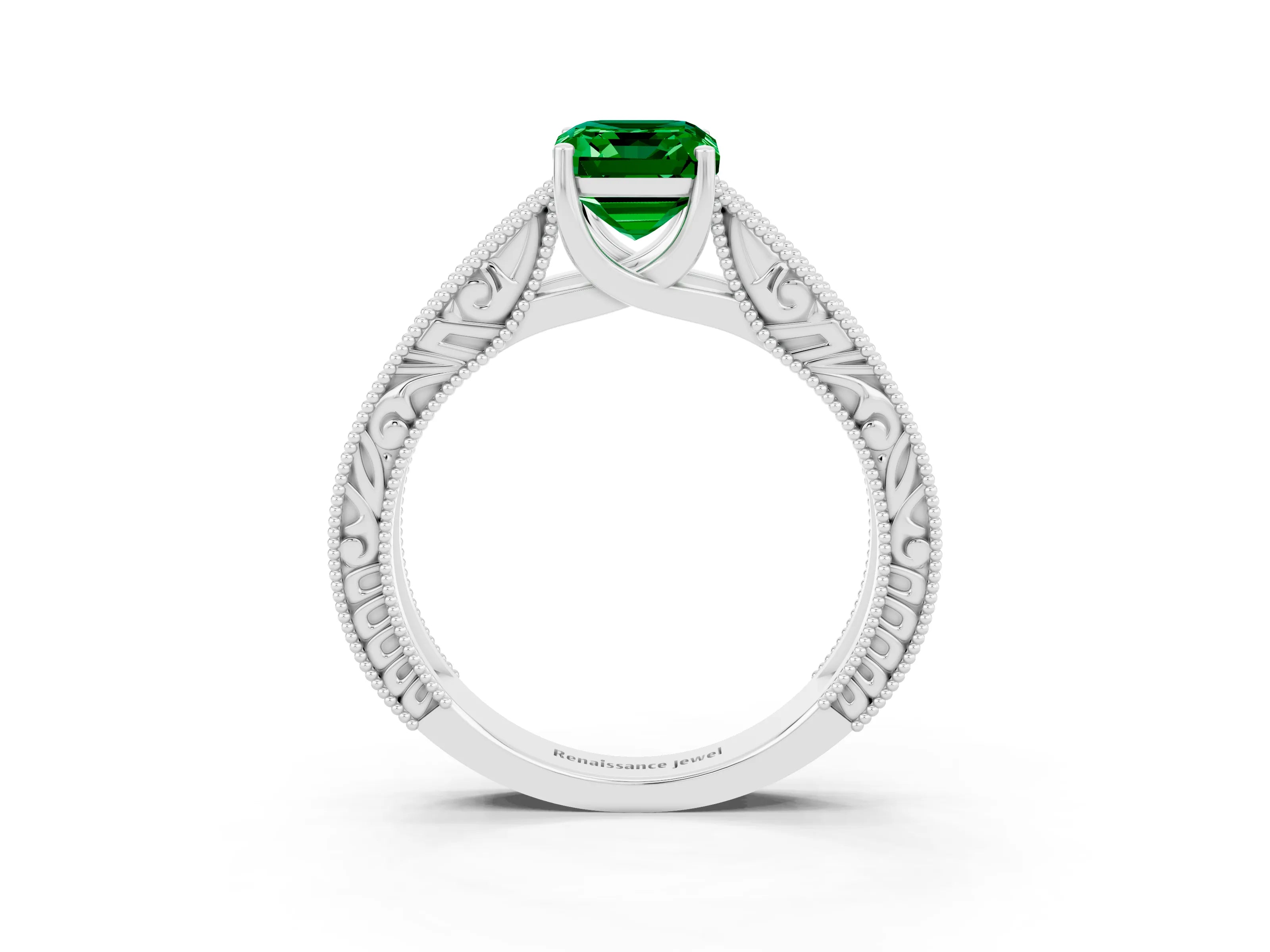 White gold Emerald Cut Emerald Solitaire Ring with Engraved Band and Four-Prong Setting_3