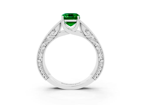 White gold Emerald Cut Emerald Solitaire Ring with Engraved Band and Four-Prong Setting_3