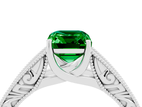 White gold Emerald Cut Emerald Solitaire Ring with Engraved Band and Four-Prong Setting_4