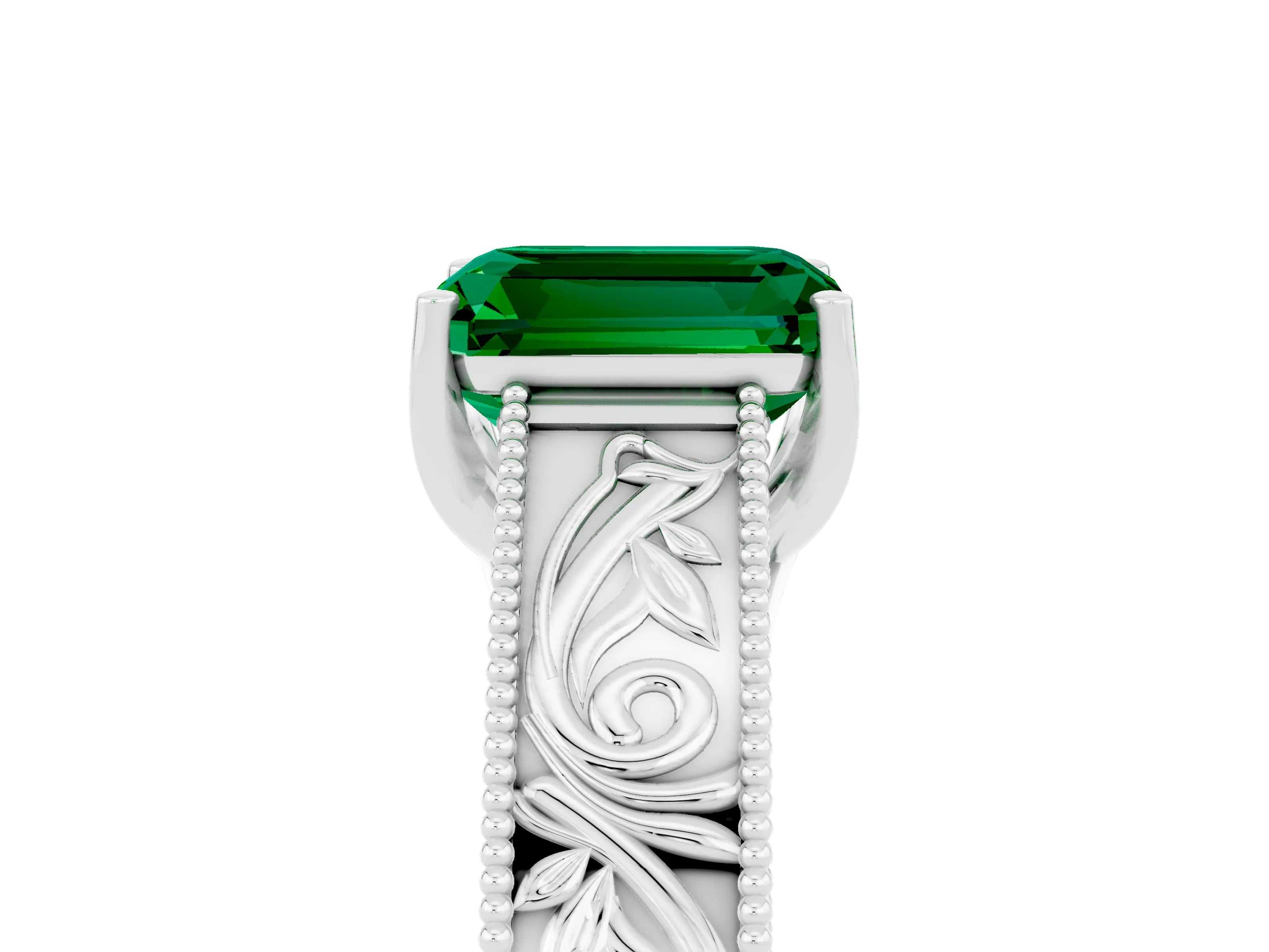 White gold Emerald Cut Emerald Solitaire Ring with Engraved Band and Four-Prong Setting_5