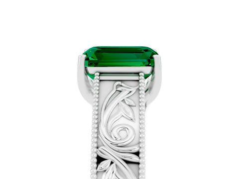 White gold Emerald Cut Emerald Solitaire Ring with Engraved Band and Four-Prong Setting_5