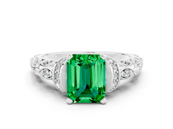 White gold Emerald Cut Emerald Solitaire Ring with Filigree Band and Four-Prong Setting