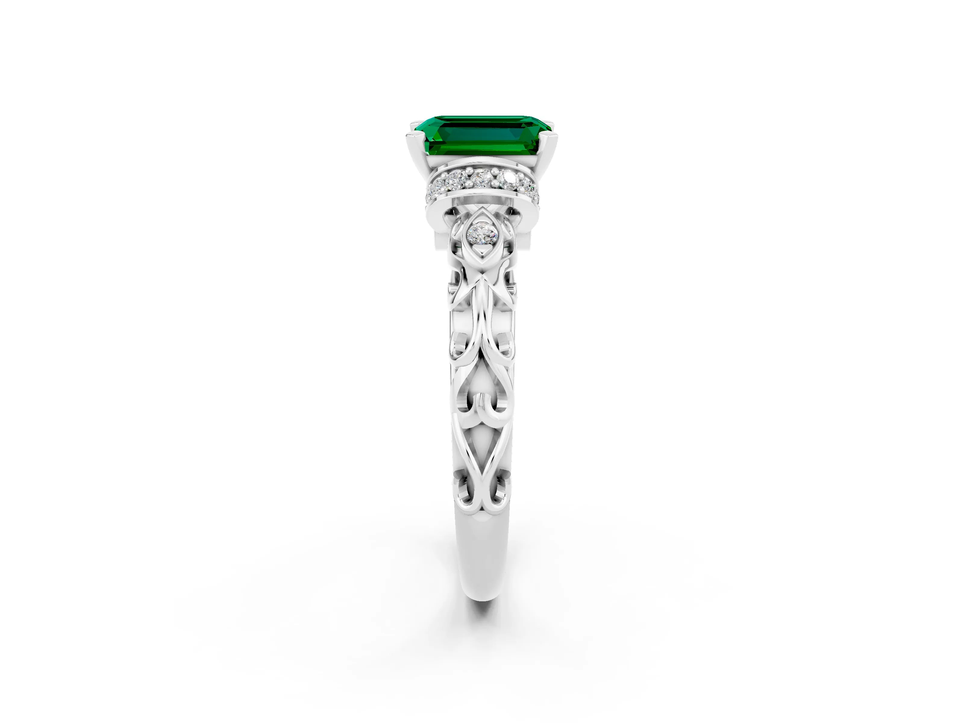 White gold Emerald Cut Emerald Solitaire Ring with Filigree Band and Four-Prong Setting_48