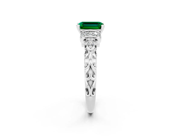 White gold Emerald Cut Emerald Solitaire Ring with Filigree Band and Four-Prong Setting