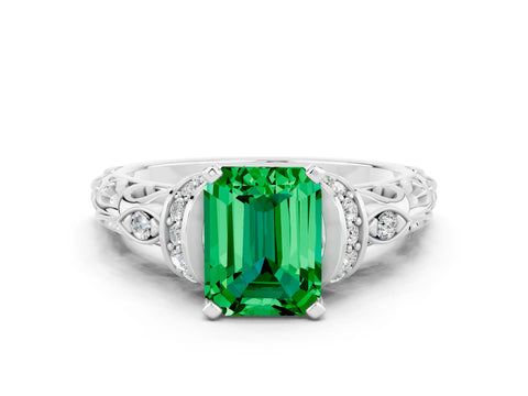 White gold Emerald Cut Emerald Solitaire Ring with Filigree Band and Four-Prong Setting_48