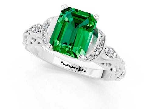 White gold Emerald Cut Emerald Solitaire Ring with Filigree Band and Four-Prong Setting_49
