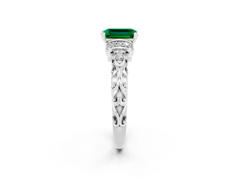 White gold Emerald Cut Emerald Solitaire Ring with Filigree Band and Four-Prong Setting_50